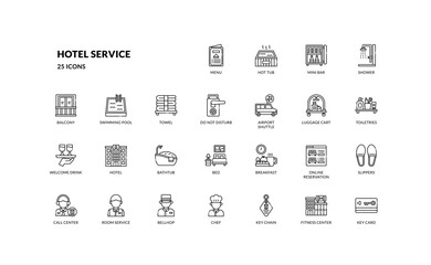 Hotel service hospitality accommodation for travel vacation outline line icon set