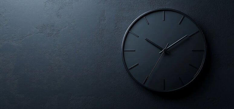 A minimalist black wall clock against a dark textured background.