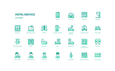 Hotel service hospitality accommodation for travel vacation green filled line icon set