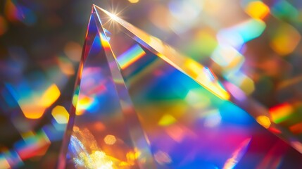 A high-resolution macro shot of a crystal-clear glass prism with refracted rainbow light.