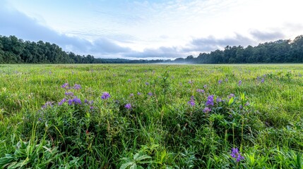 Obraz premium Lush green meadow with blooming purple wildflowers under a cloudy sky at dawn.