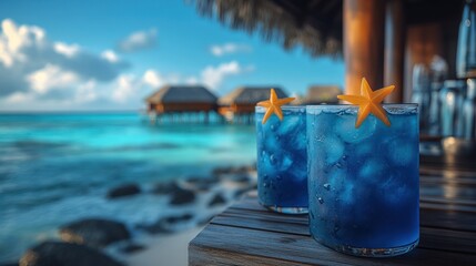 Two blue cocktails with starfruit garnish on a tropical beach bar.