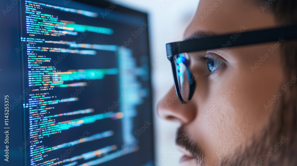 Poster focused programmer analyzes complex code on computer screen in modern workspace during daytime