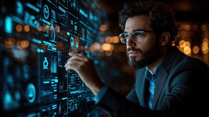 A man interacts with a digital interface displaying data and technology concepts.