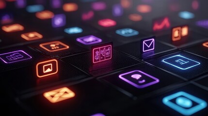 Obraz premium Colorful Digital Icons on Dark Background with Neon Effects