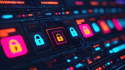Fototapeta premium Digital Security Concept with Colorful Lock Icons on Computer Screen
