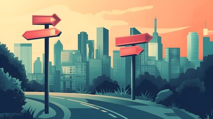 A minimalist trail post with clean sharp metal signs pointing to urban landmarks set in a bustling city.