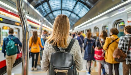 Woman Standing at a Busy Subway Station A Glimpse of Urban Life with Blurry Commuters in Motion, Capturing the Essence of Public Transportation and Daily Routines in the City