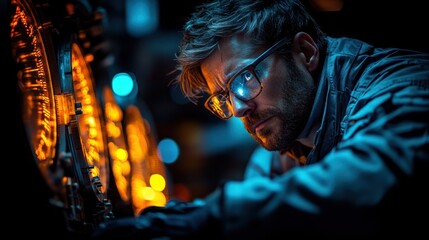 Obraz premium A focused technician working on intricate machinery in a dimly lit environment.