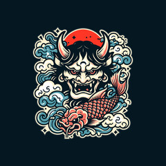 t-shirt design of oni mask and koi fish japan style