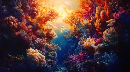 Fototapeta premium Vibrant underwater scene showcasing colorful coral reefs and marine life.