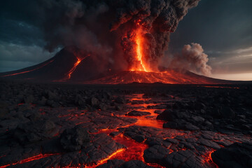 Fiery volcanic terrain with glowing lava streams, a massive cracked planet radiating red light above