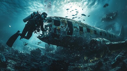 A sleek male diver clad in black scuba gear swimming through the remains of a sunken airplane surrounded by fish darting in and out of the wreckage.