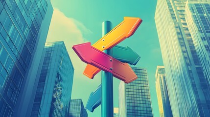 A modern trail post with flat colorful arrow signs pointing to city attractions surrounded by skyscrapers.