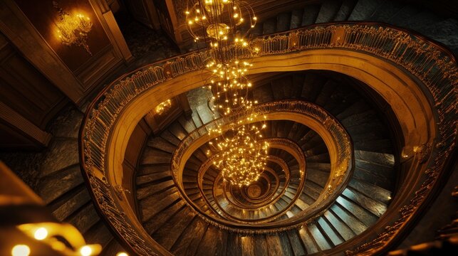 A stunning spiral staircase adorned with elegant chandeliers and intricate details.