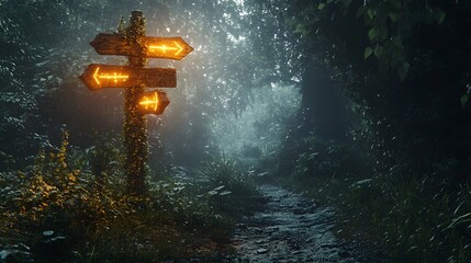 A mystical trail post entwined with vines with glowing signs pointing towards fantasy realms set in an enchanted forest.