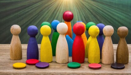 Wooden and Colored Figures Symbolizing Diversity and Inclusion A Vibrant Representation of Unity in Differences and the Celebration of Multiculturalism in Our Society