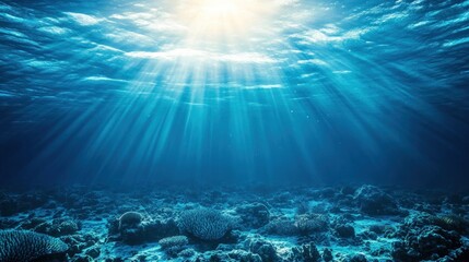 Naklejka premium Underwater scene with sunlight filtering through water, illuminating coral formations.