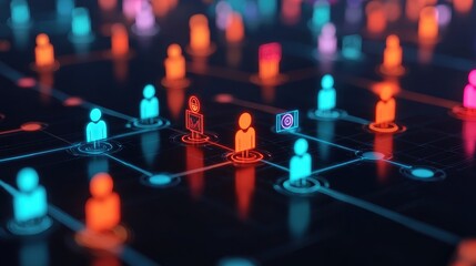 Colorful Digital Network of Users and Connections in Neon Lights