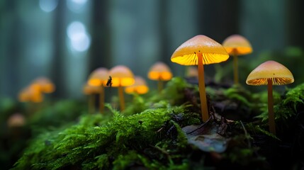 Fototapeta premium A stunning depiction of an enchanted forest with glowing mushrooms and ethereal light painted in vivid detail.