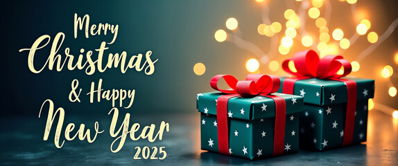 Merry Christmas and Happy New Year 2025 Greeting with Festive Gift Boxes