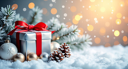 Festive Christmas Scene with Gift Box and Pinecones