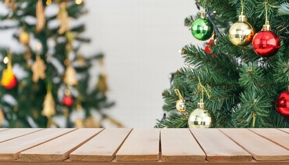 Beautiful Wooden Table Top Display Mockup Featuring a Festive Christmas Tree Background Perfect for Holiday Promotions, Product Showcases, and Creative Presentations
