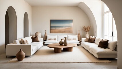 Fototapeta premium Showcases a modern decorative minimalist living room with white sofa set and pottery 
