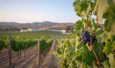 Obraz premium Vineyard sunrise, grape cluster close-up, rows of vines, winery in background.