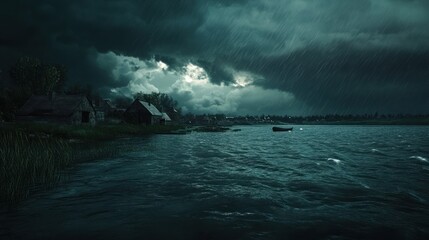 A stormy landscape with dark clouds, rain, and a tranquil riverbank scene.