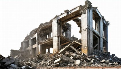 Wrecked Building Panorama with Concrete Debris and Huge Beam on Isolated White Background A Captivating Visual of Urban Decay and Structural Collapse in High Resolution