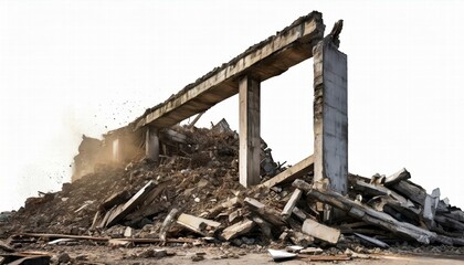 Wrecked Building Panorama with Concrete Debris and Huge Beam on Isolated White Background A Dramatic Representation of Urban Decay and Structural Collapse in Architectural Photography