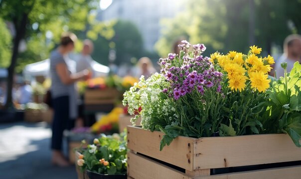 Vibrant flower display in wooden crates at a market.