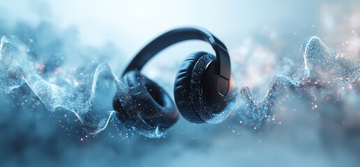 A pair of headphones surrounded by sound waves and particles.