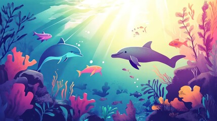 Fototapeta premium A vibrant underwater scene featuring dolphins, colorful fish, and coral reefs.