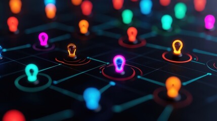 Colorful Light Bulbs on Black Background Representing Ideas and Innovation