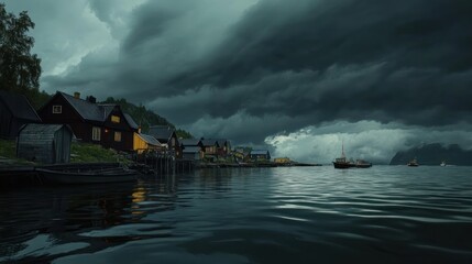 A serene coastal village under dramatic stormy skies reflecting on calm waters.