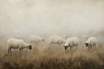Fototapeta premium Sheep graze peacefully in a misty field with soft grass under an overcast sky during early morning hours