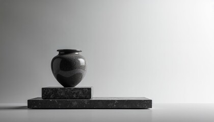 Black marble cremation urn with subtle vein patterns placed on a tiered marble base against a minimalist light gray background