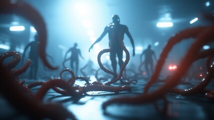 Surreal scene with humanoid figures and tentacles in a dimly lit space.