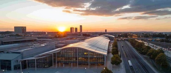 Sunset view over a modern building with city skyline in background.