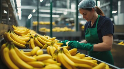 A worker inspects bananas in a warehouse for packaging and distribution.