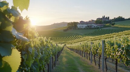 Naklejka premium Sunset over idyllic vineyard rows leading to a farmhouse.