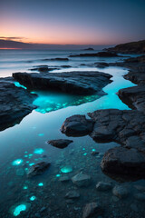 Still water mirroring a glowing blue planet, futuristic rocks radiating soft teal light along the shore