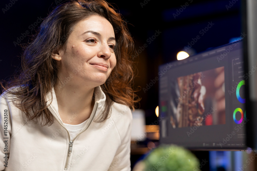 Poster happy videographer using professional software to create visual effects for video projects. smiling 