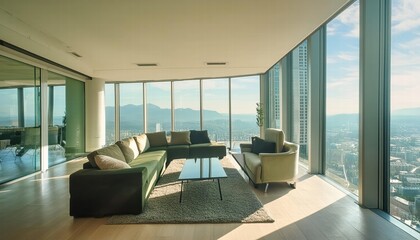 Fototapeta premium Modern High Penthouse Living Room with Large Windows A Stunning Generative AI Artwork Showcasing Contemporary Design, Luxurious Furnishings, and Breathtaking City Views for Virtual Meetings