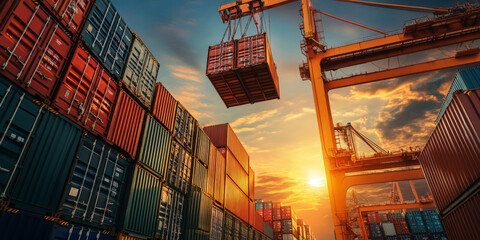 Crane transfers cargo containers at the port under a colorful sunset, emphasizing import and export logistics activities