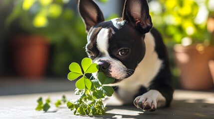 A Boston terrier with its head tilted sniffing a bright green four-leaf clover it holds in its teeth sitting on a sunlit patio.