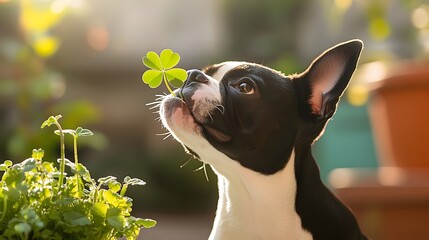 A Boston terrier with its head tilted sniffing a bright green four-leaf clover it holds in its teeth sitting on a sunlit patio.
