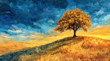 A breathtaking depiction of a lone tree on a hill its branches painted with golden leaves against a sunset sky in vibrant brushstrokes.